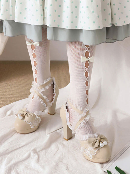 ROCOCO Style Lolita Footwear Black Bows Ruffles Pearls Round Toe PU Leather Lolita Pumps