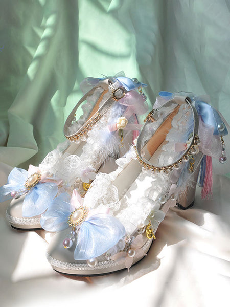 ROCOCO Style Lolita Footwear Ecru White Pearls Ruffles Bow PU Leather Chunky Heel Lolita Pumps