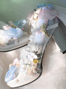 ROCOCO Style Lolita Footwear Ecru White Pearls Ruffles Bow PU Leather Chunky Heel Lolita Pumps