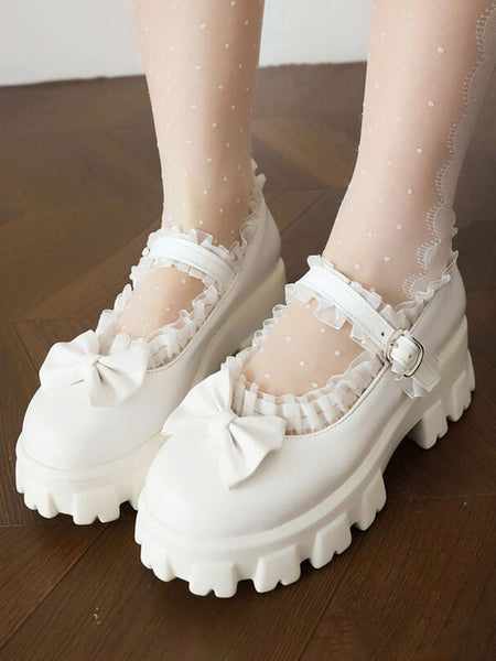 ROCOCO Style Lolita Footwear White Bows Lace PU Leather Chunky Heel Lolita Pumps