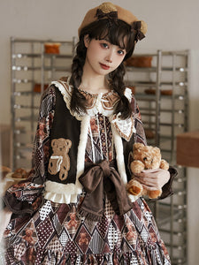ROCOCO Style Lolita Outfits Coffee Brown Floral Print Bows Ruffles Long Sleeves Top Dress