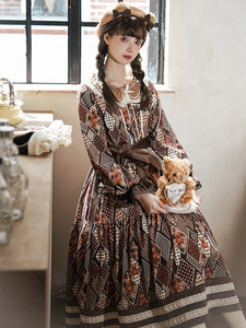 ROCOCO Style Lolita Outfits Coffee Brown Floral Print Bows Ruffles Long Sleeves Top Dress