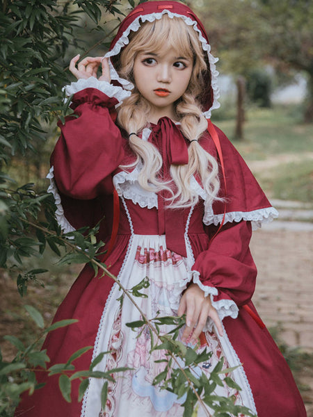 ROCOCO Style Lolita Poncho Red Polyester Lace Bows Winter Lolita Outwears