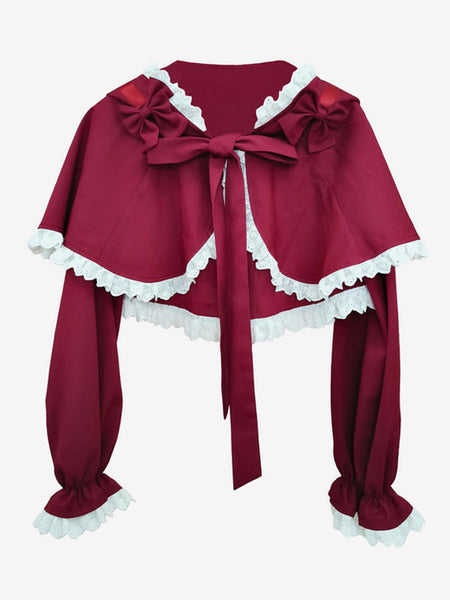 ROCOCO Style Lolita Poncho Red Polyester Lace Bows Winter Lolita Outwears