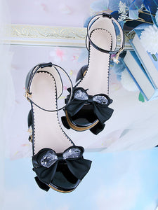ROCOCO Style Lolita Sandals Black+Red Bows PU Leather Pointed Toe Lolita Summer Shoes