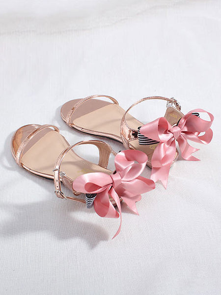 ROCOCO Style Lolita Sandals Bows Round Toe PU Leather Silver Lolita Summer Shoes