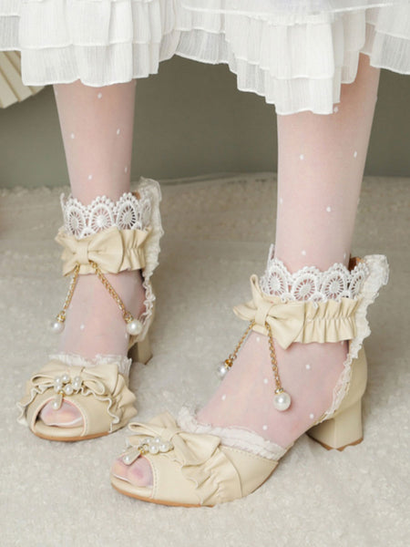 ROCOCO Style Lolita Sandals Ecru White Bows Pearls PU Leather Peep Toe Lolita Summer Shoes