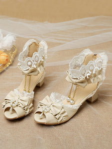 ROCOCO Style Lolita Sandals Ecru White Bows Pearls PU Leather Peep Toe Lolita Summer Shoes