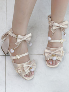 ROCOCO Style Lolita Sandals Ecru White Bows Pleated PU Leather Square Toe Lolita Summer Shoes