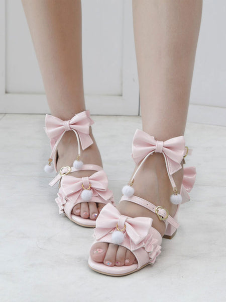 ROCOCO Style Lolita Sandals Ecru White Bows Pleated PU Leather Square Toe Lolita Summer Shoes