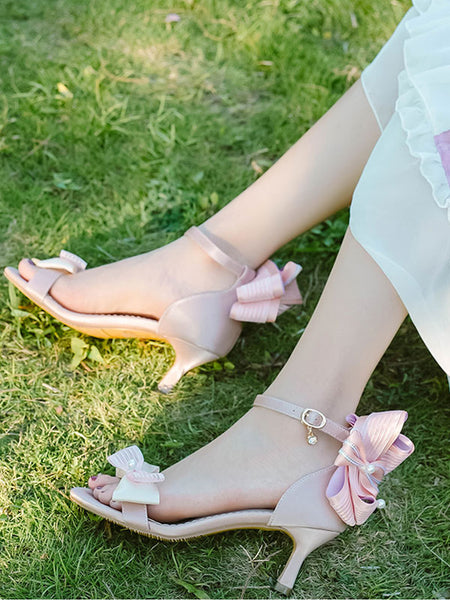 ROCOCO Style Lolita Sandals Green Bows PU Leather Pointed Toe Lolita Summer Shoes