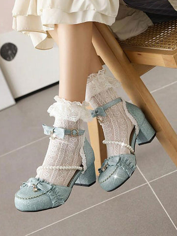ROCOCO Style Lolita Sandals Light Sky Blue Pearls Ruffles PU Leather Round Toe Lolita Summer Shoes