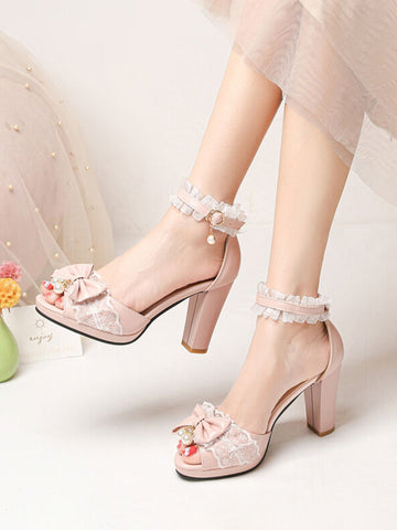 ROCOCO Style Lolita Sandals Pearls Lace Peep Toe PU Leather White Lolita Summer Shoes