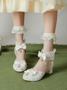 ROCOCO Style Lolita Sandals White Bows Lace Stars Print PU Leather Peep Toe Lolita Summer Shoes