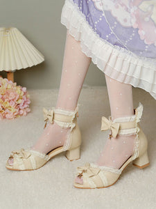 ROCOCO Style Lolita Sandals White Bows Lace Stars Print PU Leather Peep Toe Lolita Summer Shoes