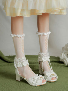 ROCOCO Style Lolita Sandals White Ruffles Pearls PU Leather Peep Toe Lolita Summer Shoes