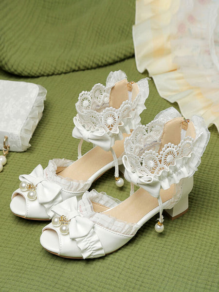 ROCOCO Style Lolita Sandals White Ruffles Pearls PU Leather Peep Toe Lolita Summer Shoes