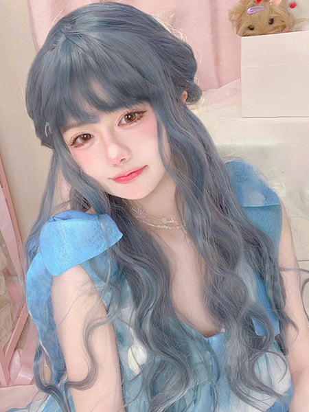 ROCOCO Style Lolita Wigs Blue Gray Long Heat-resistant Fiber Lolita Accessories