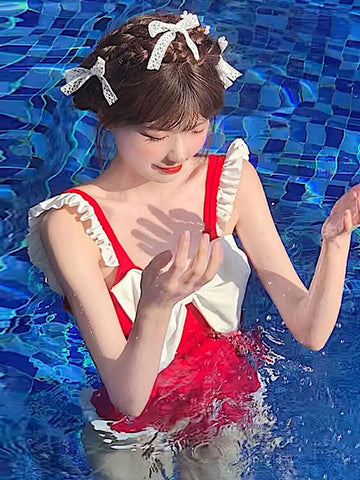 Red Lolita Outfits Ruffles Bows Sleeveless Jumpsuit Swimsuit