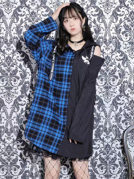 Steampunk Lolita Blouses Long Sleeves Blouse Lolita Top Plaid Blue Lolita Shirt