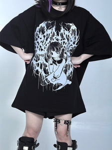 Steampunk Lolita Blouses Ruffles Lolita Top Short Sleeves Floral Print Black Lolita Shirt