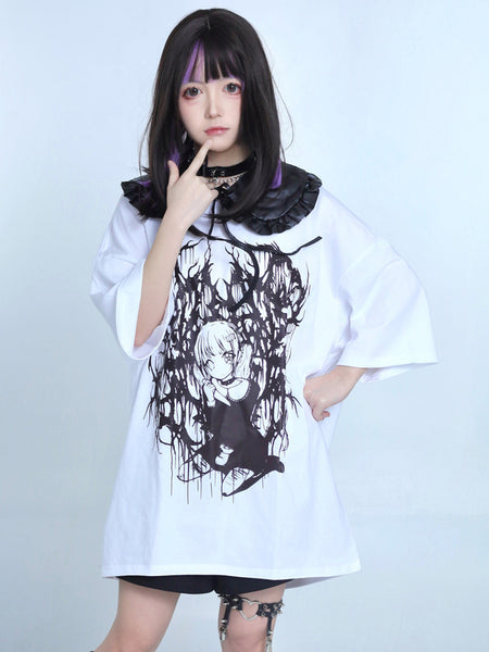 Steampunk Lolita Blouses Ruffles Lolita Top Short Sleeves Floral Print Black Lolita Shirt