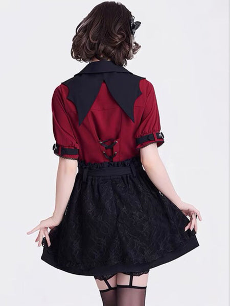 Steampunk Lolita Blouses Ruffles Lace Lolita Top Short Sleeves Blouse Burgundy Lolita Shirt