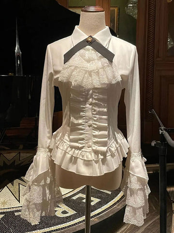 Steampunk Lolita Blouses Ruffles Lace Long Sleeves Lolita Top Blouse White Lolita Shirt