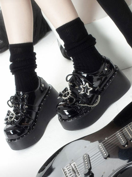 Steampunk Lolita Boots Black Bows Round Toe PU Leather Lolita Footwear