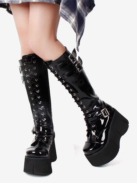 Steampunk Lolita Boots Black Square Toe PU Leather Lolita Footwear