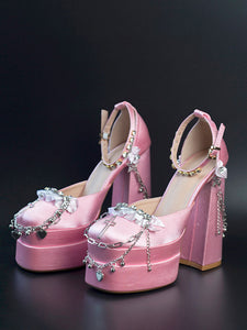 Steampunk Lolita Footwear Black Rhinestones Chains Flowers Round Toe Silk And Satin Lolita Pumps