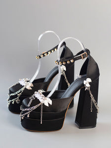 Steampunk Lolita Footwear Black Rhinestones Chains Flowers Round Toe Silk And Satin Lolita Pumps