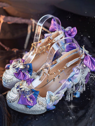 Steampunk Lolita Footwear Silver Rhinestones Flowers Butterfly Round Toe Lolita Pumps