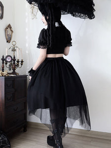Steampunk Lolita Outfits Black Lace Ruffles Short Sleeves Skirt Top