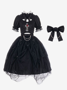Steampunk Lolita Outfits Black Lace Ruffles Short Sleeves Skirt Top