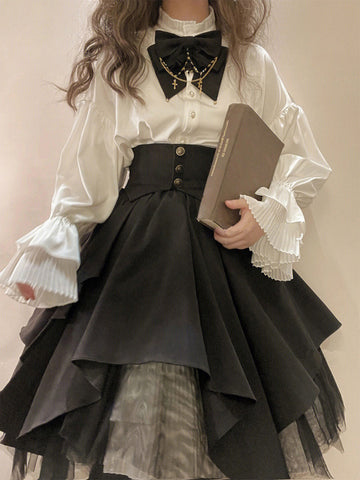 Steampunk Lolita Outfits Black Pleated Long Sleeves Skirt Top