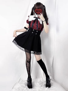 Steampunk Lolita Outfits Black Ruffles Bows Short Sleeves Blouse Skirt