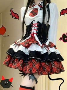 Steampunk Lolita Outfits Red Plaid Lace Up Ruffles Long Sleeves  Skirt