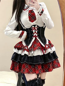 Steampunk Lolita Outfits Red Plaid Lace Up Ruffles Long Sleeves  Skirt