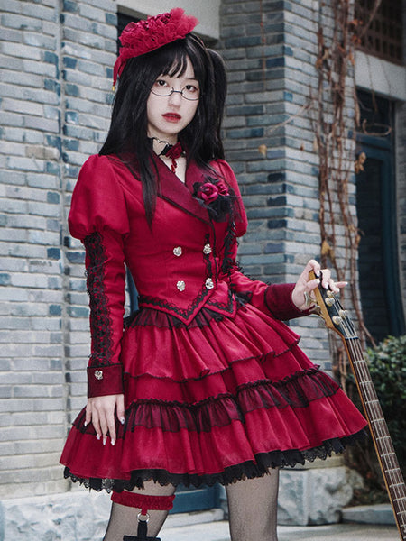 Steampunk Lolita Outfits Red Ruffles Lace Rose Long Sleeves Skirt Top