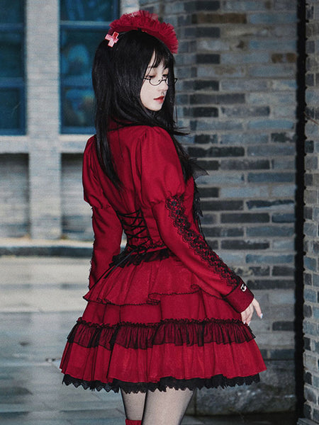 Steampunk Lolita Outfits Red Ruffles Lace Rose Long Sleeves Skirt Top