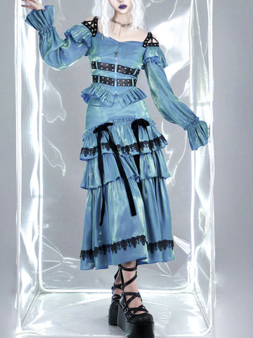 Steampunk Lolita SK Lace Ruffles Blue Green Lolita Skirts