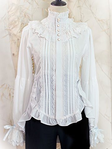 Steampunk Ouji Lolita Blouses Bows Lace Long Sleeves Blouse Lolita Top White Lolita Shirt