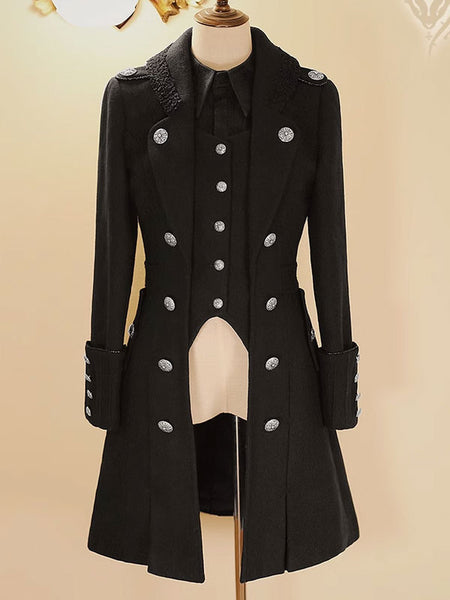 Steampunk Ouji Lolita Coats Black Coat Metal Details Overcoat Polyester Fall Lolita Outwears