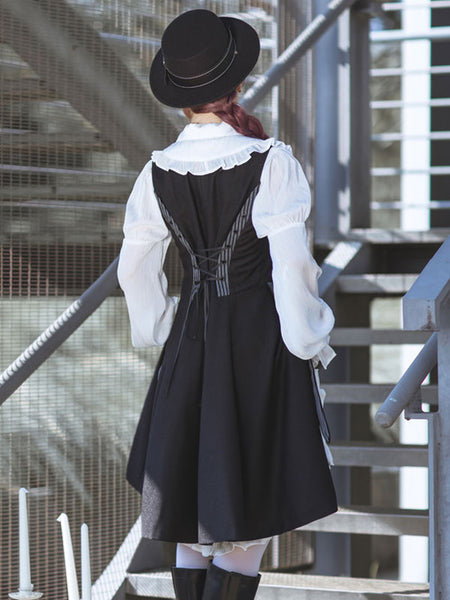 Steampunk Ouji Lolita Coats Black Coat Stripes Overcoat Polyester Lolita Outwears