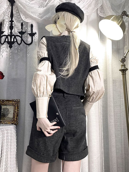 Steampunk Ouji Lolita Outfits Gray Sleeveless Pants Overcoat