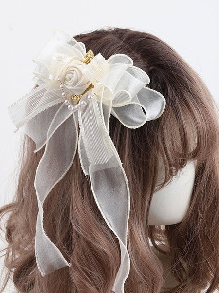 Sweet Lolita Accessories Ecru White Flowers Pearls Bows Polyester Fiber Headwear Miscellaneous