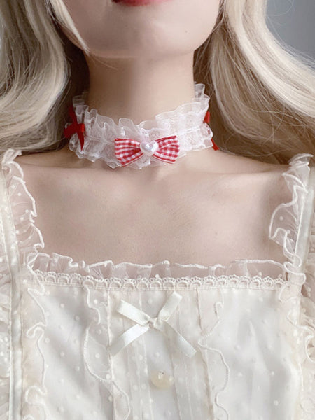 Sweet Lolita Accessories Red Bows Lace Choker Polyester Fiber Miscellaneous