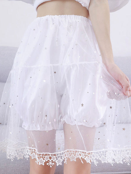 Sweet Lolita Bloomers White Ruffles Sequins Stars Print Lolita Shorts