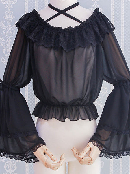 Sweet Lolita Blouses Black Long Sleeves Lolita Top Ruffles Lace Lolita Shirt